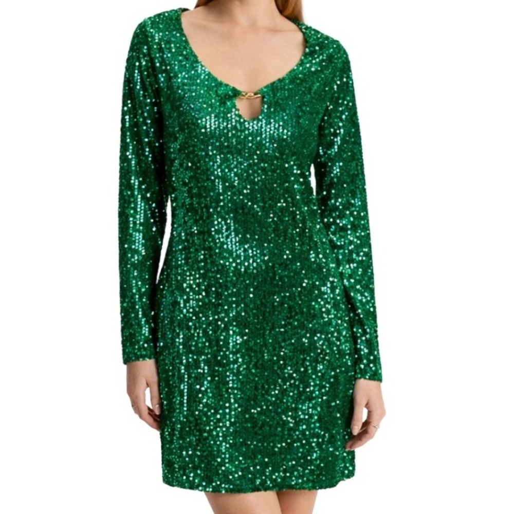 Express NWT Green Sequin Long Sleeve Mini Dress V-Neck Gold‎ Hardware Size M